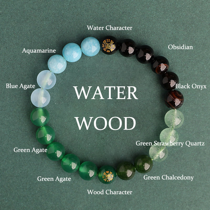 Buddha Stones Pulsera de la sabiduría de los cinco elementos con varios cristales de ágata, ónix negro, calcedonia verde y aguamarina - Madera de agua (circunferencia de la muñeca: 14-16 cm) - 8 mm - image 13