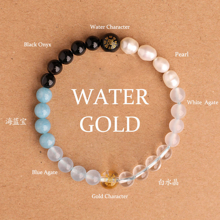 Buddha Stones Pulsera de la sabiduría de los cinco elementos con varios cristales de ágata, ónix negro, calcedonia verde y aguamarina - Agua dorada (circunferencia de la muñeca: 14-16 cm) - 6 mm - image 17