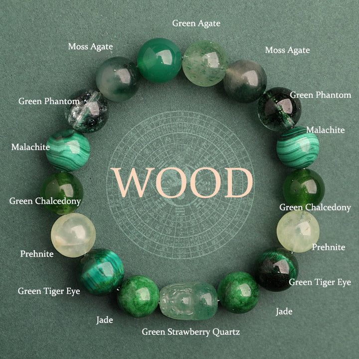 Buddha Stones Pulsera de la suerte fantasma con cinco elementos, varios cristales de ágata verde fresa, cuarzo musgoso y ágata verde - Madera (circunferencia de la muñeca: 14-16 cm) - 12 mm - image 0