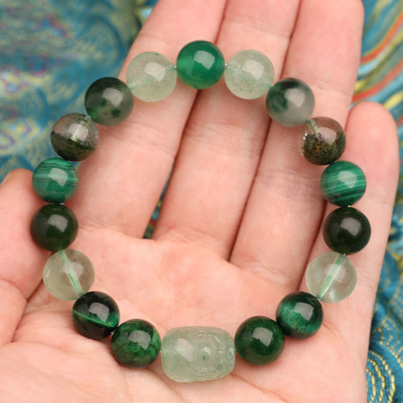 Buddha Stones Pulsera de la suerte fantasma con cinco elementos, varios cristales de ágata verde fresa, cuarzo musgoso y ágata verde - image 18