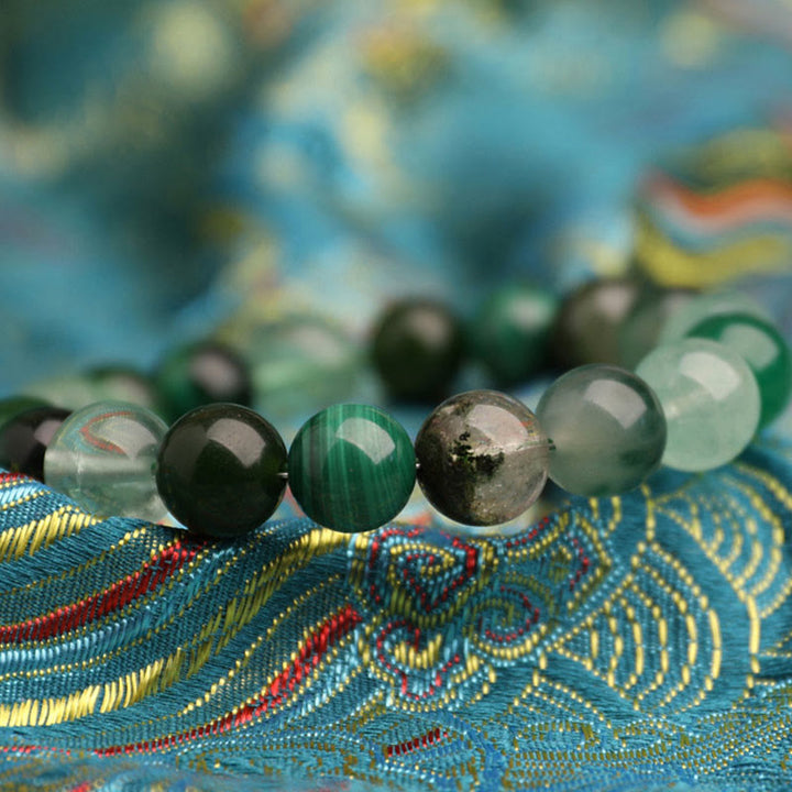 Buddha Stones Pulsera de la suerte fantasma con cinco elementos, varios cristales de ágata verde fresa, cuarzo musgoso y ágata verde - image 16