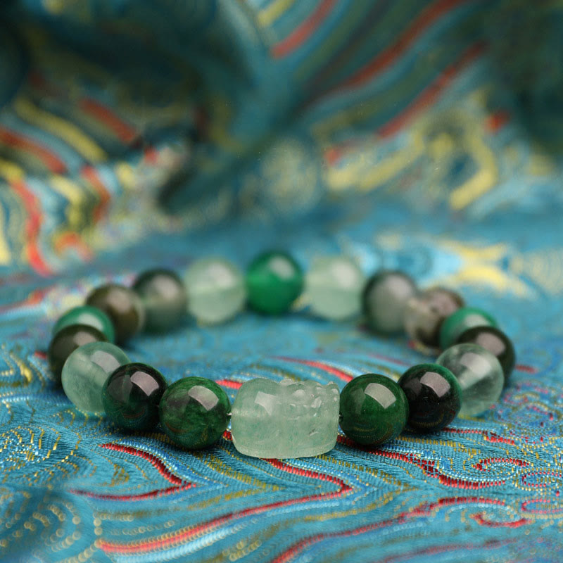 Buddha Stones Pulsera de la suerte fantasma con cinco elementos, varios cristales de ágata verde fresa, cuarzo musgoso y ágata verde - image 15