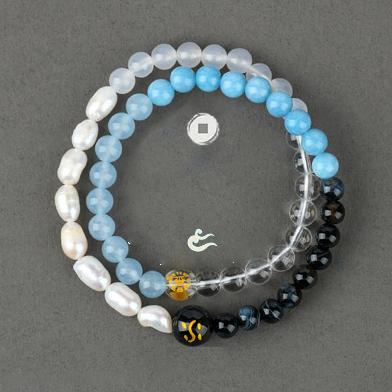 Pulsera de la suerte con Buddha Stones, cinco elementos, varios cristales de ágata, perla, ónix negro, ágata blanca y cristal blanco - image 1