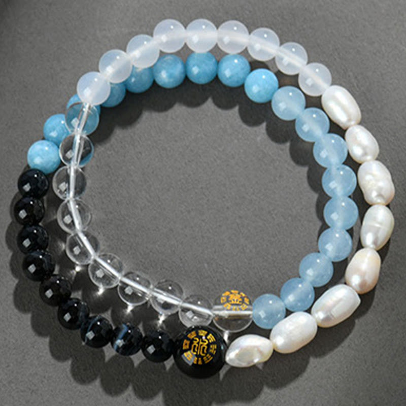 Pulsera de la suerte con Buddha Stones, cinco elementos, varios cristales de ágata, perla, ónix negro, ágata blanca y cristal blanco - image 2