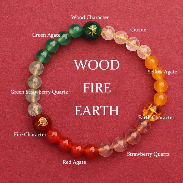 Pulsera de la riqueza con Buddha Stones, cinco elementos, varios cristales de ágata, cuarzo verde fresa y piedra solar - Fire Earth Wood (Circunferencia de la muñeca: 14-16 cm) - 6 mm - image 2