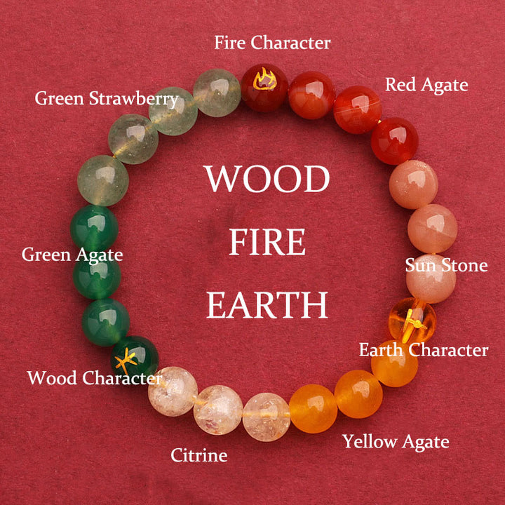 Pulsera de la riqueza con Buddha Stones, cinco elementos, varios cristales de ágata, cuarzo verde fresa y piedra solar - Fire Earth Wood (Circunferencia de la muñeca: 14-16 cm) - 8 mm - image 10