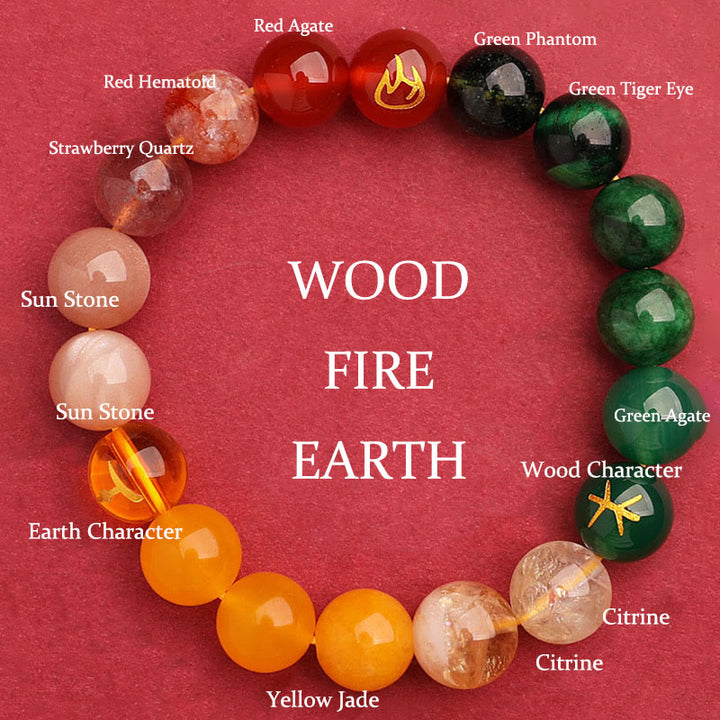 Pulsera de la riqueza con Buddha Stones, cinco elementos, varios cristales de ágata, cuarzo verde fresa y piedra solar