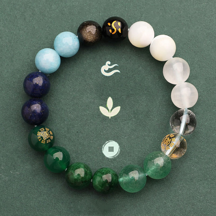 Pulsera de la riqueza con Buddha Stones, cinco elementos, varios cristales de ágata, cuarzo verde fresa y piedra solar