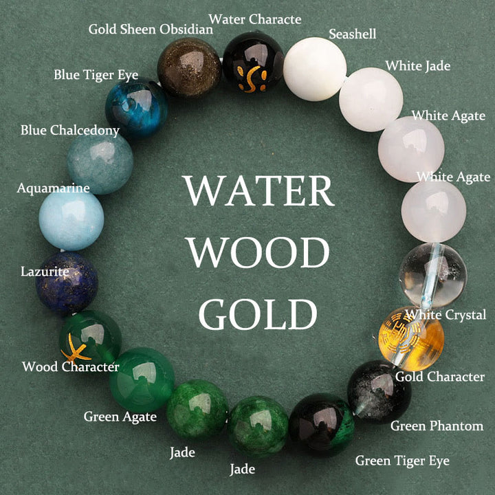 Pulsera de la riqueza con Buddha Stones, cinco elementos, varios cristales de ágata, cuarzo verde fresa y piedra solar - Reloj Gold Water Wood (Circunferencia de la muñeca: 14-16 cm) - 12 mm - image 50