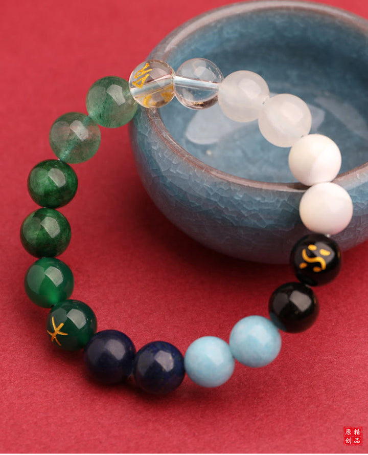 Pulsera de la riqueza con Buddha Stones, cinco elementos, varios cristales de ágata, cuarzo verde fresa y piedra solar - image 15