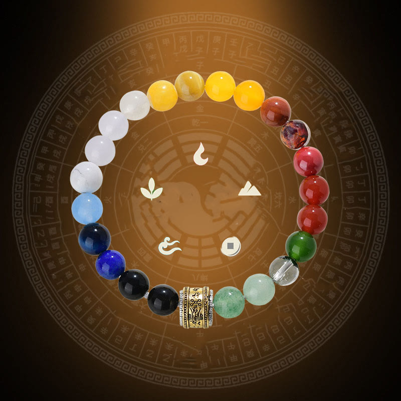 Pulsera de la suerte con Buddha Stones, cinco elementos, varios cristales de ágata, ágata roja, brillo dorado, obsidiana y ágata amarilla