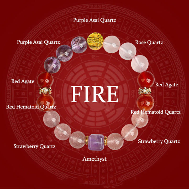 Pulsera de la suerte con Buddha Stones, cinco elementos, varios cristales de ágata, cuarzo rutilado fantasma verde, ágata verde uva y malaquita - Fuego (Circunferencia de la muñeca: 14-16 cm) - image 17