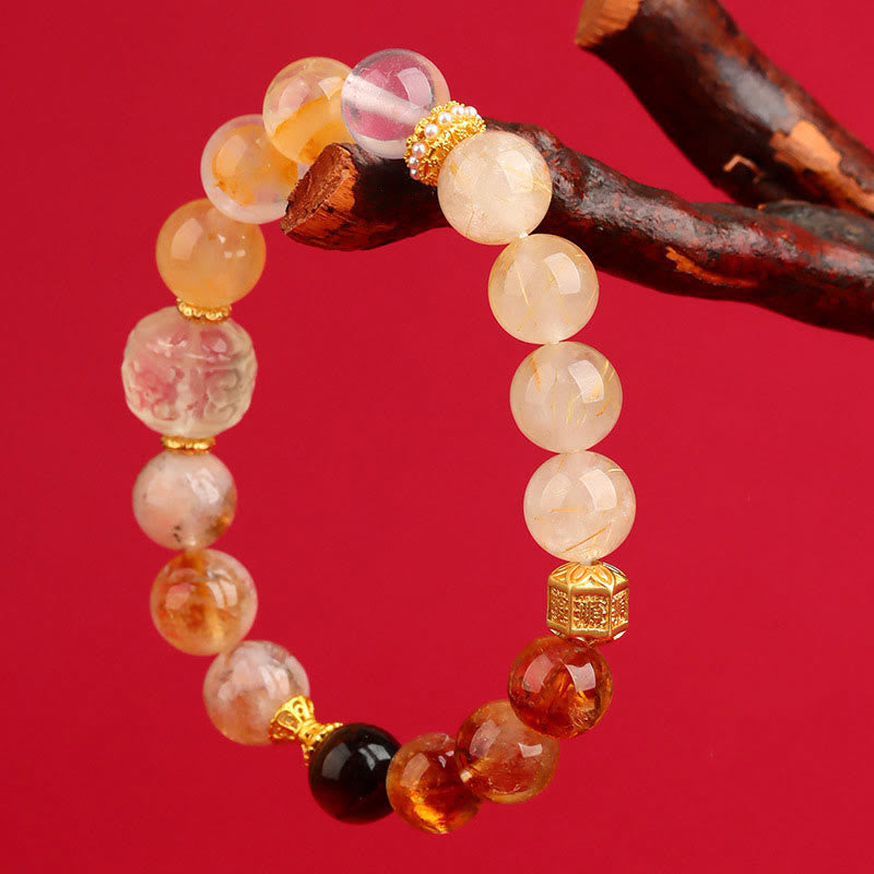 Pulsera de la suerte con Buddha Stones, cinco elementos, varios cristales de ágata, cuarzo rutilado fantasma verde, ágata verde uva y malaquita - image 24