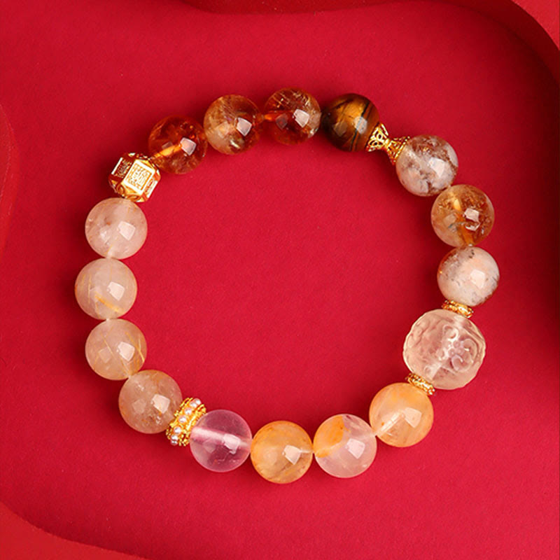 Pulsera de la suerte con Buddha Stones, cinco elementos, varios cristales de ágata, cuarzo rutilado fantasma verde, ágata verde uva y malaquita - image 25