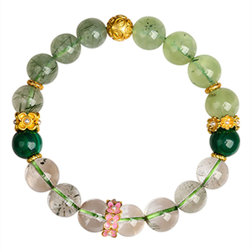 Pulsera de la suerte con Buddha Stones, cinco elementos, varios cristales de ágata, cuarzo rutilado fantasma verde, ágata verde uva y malaquita - image 3