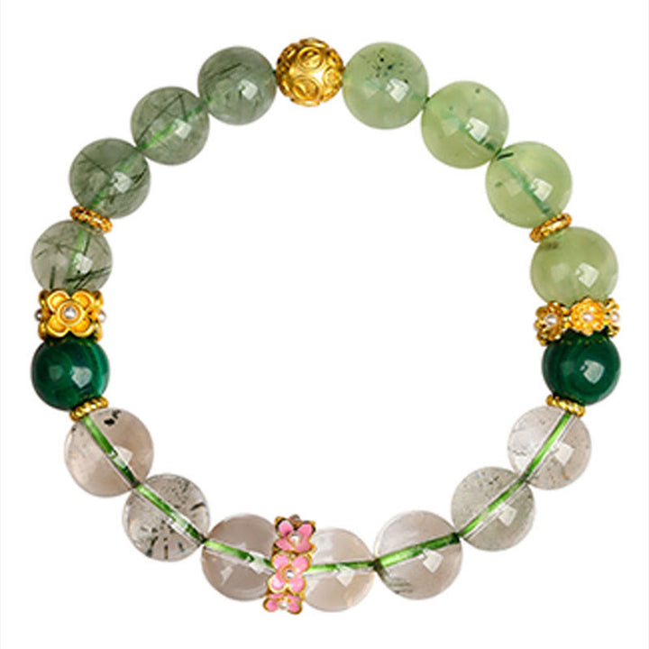 Pulsera de la suerte con Buddha Stones, cinco elementos, varios cristales de ágata, cuarzo rutilado fantasma verde, ágata verde uva y malaquita - image 3