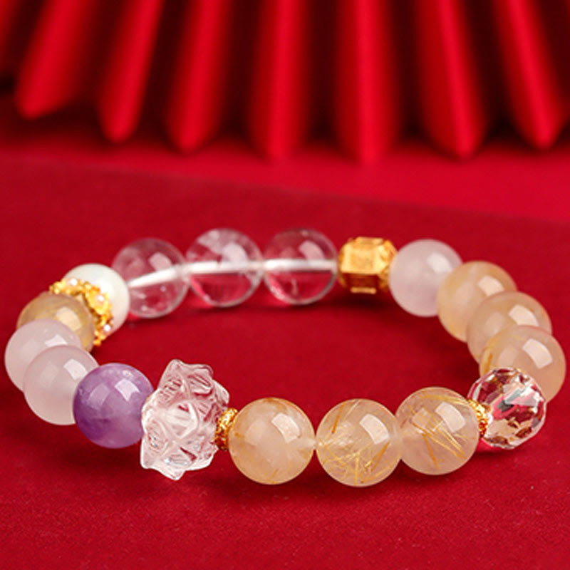 Pulsera de la suerte con Buddha Stones, cinco elementos, varios cristales de ágata, cuarzo rutilado fantasma verde, ágata verde uva y malaquita - image 21