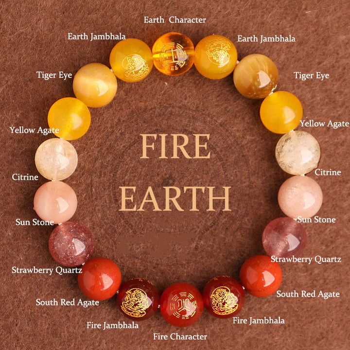 Pulsera de la suerte con Buddha Stones, cinco elementos, varios cristales de ágata, ágata roja del sur, cuarzo fresa, piedra solar, citrino - Fuego y Tierra (Circunferencia de la muñeca: 14-16 cm) - 12 mm - image 0