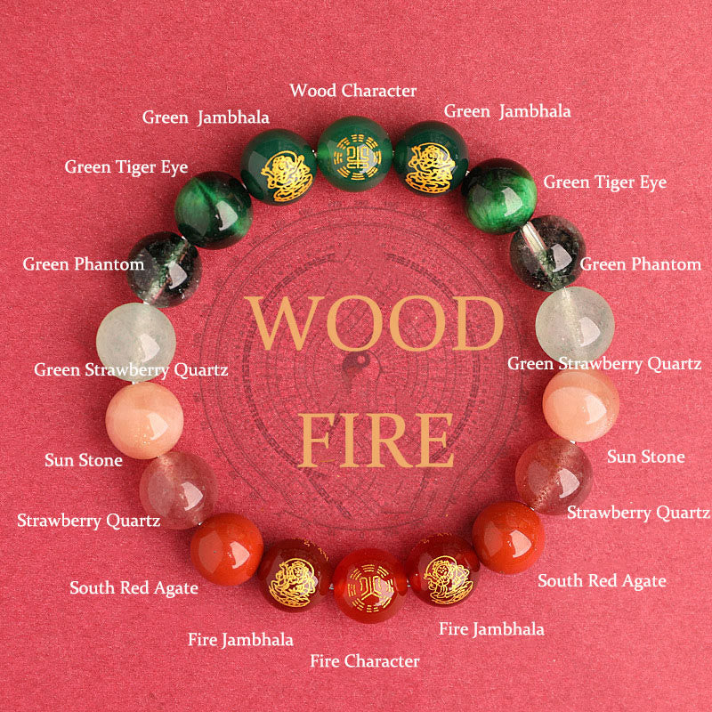 Pulsera de la suerte con Buddha Stones, cinco elementos, varios cristales de ágata, ágata roja del sur, cuarzo fresa, piedra solar, citrino - Leña (circunferencia de la muñeca: 14-16 cm) - 10 mm - image 23