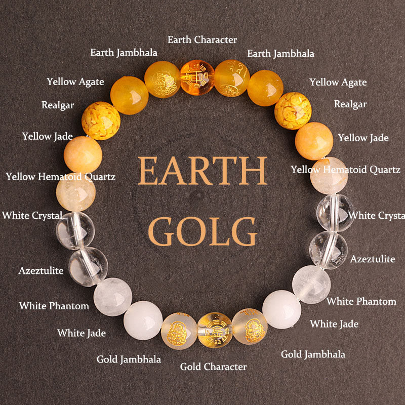 Pulsera de la suerte con Buddha Stones, cinco elementos, varios cristales de ágata, ágata roja del sur, cuarzo fresa, piedra solar, citrino - Oro Tierra (Circunferencia de la muñeca: 14-16 cm) - 8 mm - image 29
