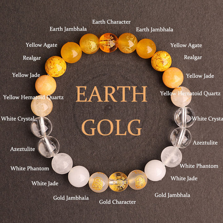 Pulsera de la suerte con Buddha Stones, cinco elementos, varios cristales de ágata, ágata roja del sur, cuarzo fresa, piedra solar, citrino - Oro Tierra (Circunferencia de la muñeca: 14-16 cm) - 8 mm - image 29
