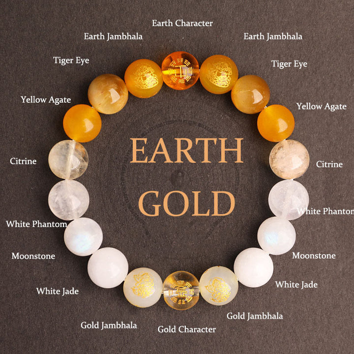 Pulsera de la suerte con Buddha Stones, cinco elementos, varios cristales de ágata, ágata roja del sur, cuarzo fresa, piedra solar, citrino - Oro Tierra (Circunferencia de la muñeca: 14-16 cm) - 10 mm - image 31