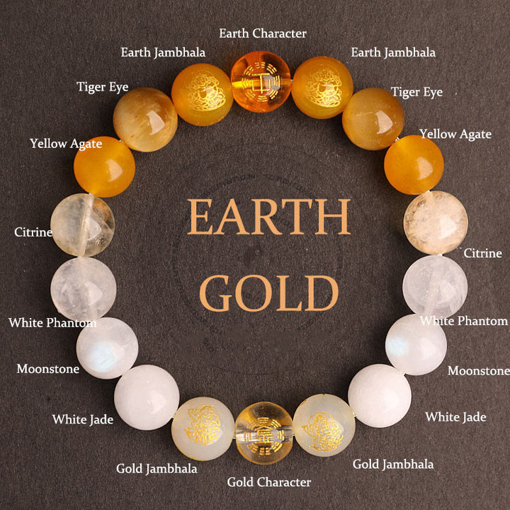 Pulsera de la suerte con Buddha Stones, cinco elementos, varios cristales de ágata, ágata roja del sur, cuarzo fresa, piedra solar, citrino - Oro Tierra (Circunferencia de la muñeca: 14-16 cm) - 12 mm - image 33