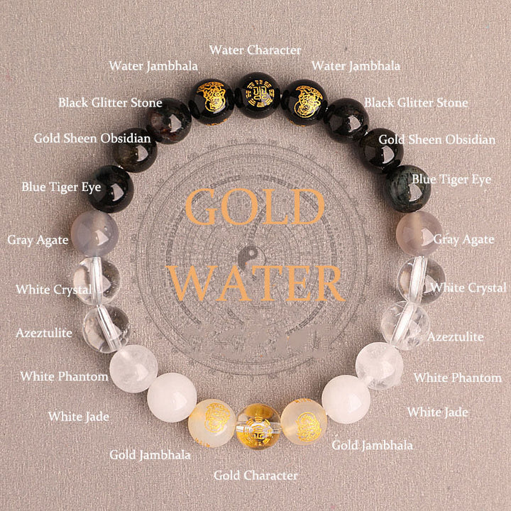 Pulsera de la suerte con Buddha Stones, cinco elementos, varios cristales de ágata, ágata roja del sur, cuarzo fresa, piedra solar, citrino - Gold Water (Circunferencia de la muñeca: 14-16 cm) - 8 mm - image 35