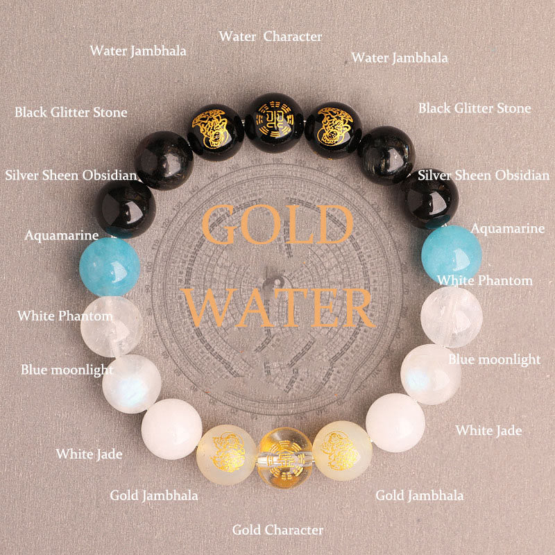 Pulsera de la suerte con Buddha Stones, cinco elementos, varios cristales de ágata, ágata roja del sur, cuarzo fresa, piedra solar, citrino - Gold Water (Circunferencia de la muñeca: 14-16 cm) - 10 mm - image 37