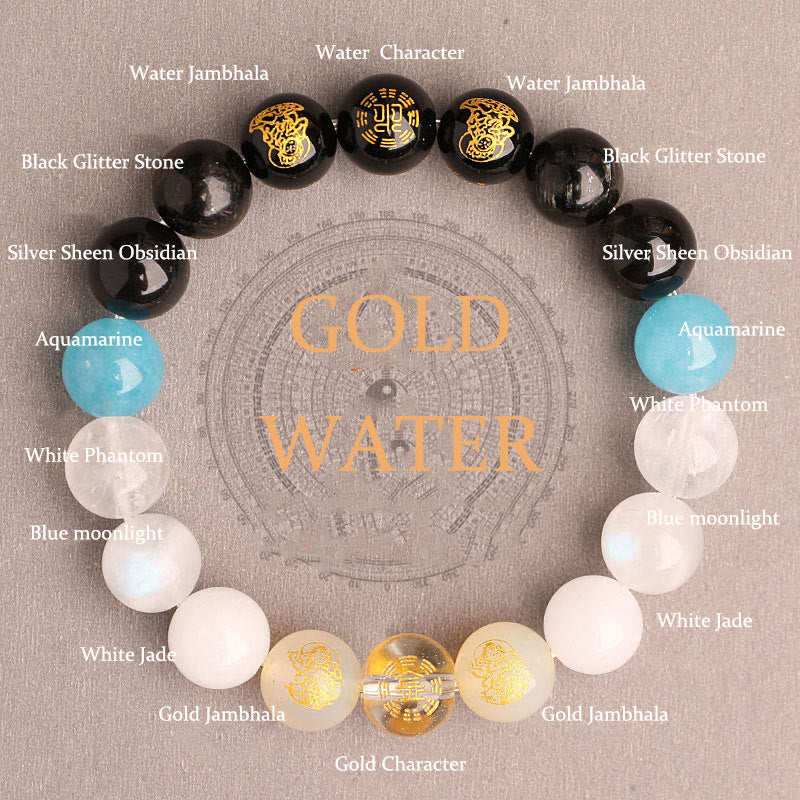Pulsera de la suerte con Buddha Stones, cinco elementos, varios cristales de ágata, ágata roja del sur, cuarzo fresa, piedra solar, citrino - Gold Water (Circunferencia de la muñeca: 14-16 cm) - 12 mm - image 39