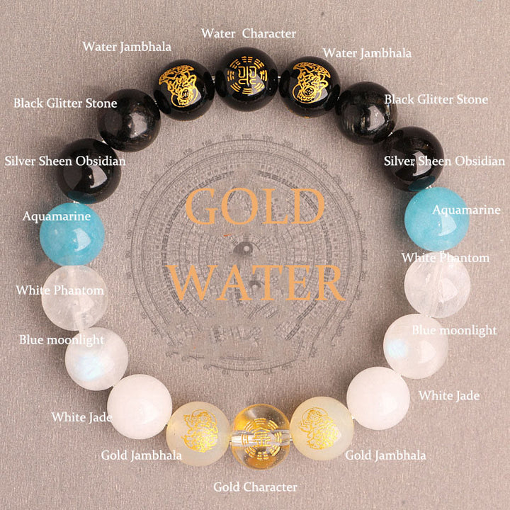 Pulsera de la suerte con Buddha Stones, cinco elementos, varios cristales de ágata, ágata roja del sur, cuarzo fresa, piedra solar, citrino - Gold Water (Circunferencia de la muñeca: 14-16 cm) - 12 mm - image 39