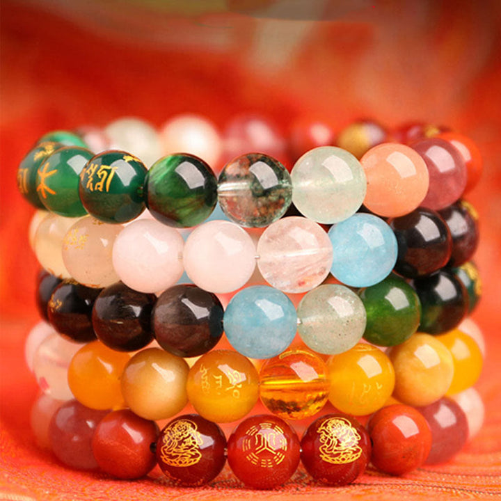 Pulsera de la suerte con Buddha Stones, cinco elementos, varios cristales de ágata, ágata roja del sur, cuarzo fresa, piedra solar, citrino - image 42