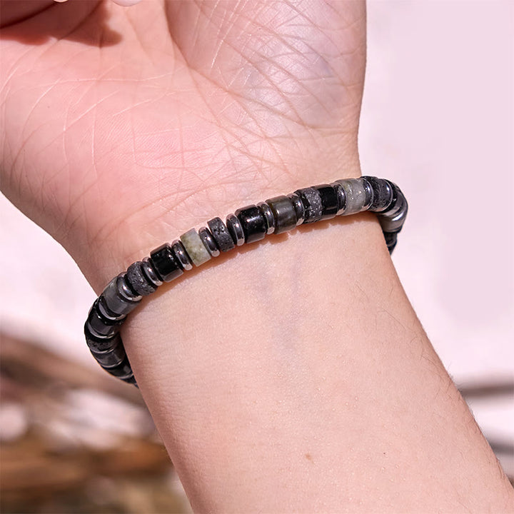 Pulsera de soporte con Buddha Stones, hematita, turquesa, lazurita, roca de lava y piedra negra brillante