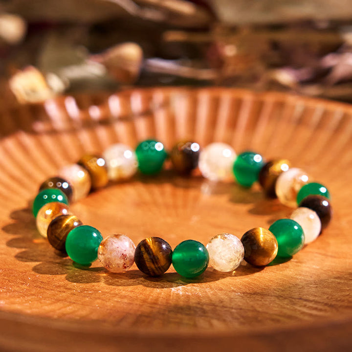 Pulsera de protección con cuentas combinadas de citrino, ágata verde y ojo de tigre natural y Buddha Stones