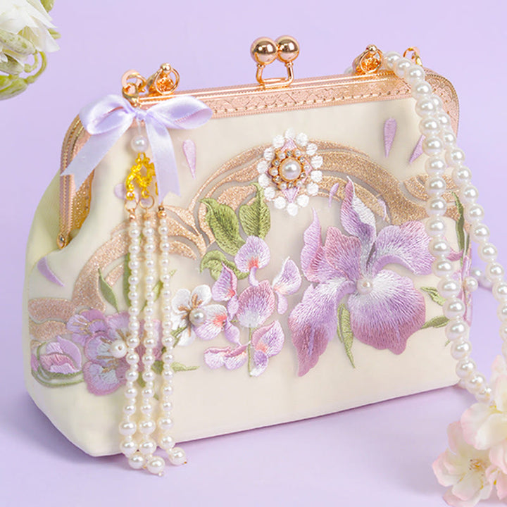 Bolso bandolera con cadena de metal y perlas y colgante de borlas bordadas con flores y piedras de Buddha Stones