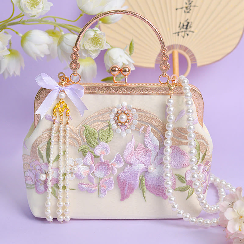 Bolso bandolera con cadena de metal y perlas y colgante de borlas bordadas con flores y piedras de Buddha Stones
