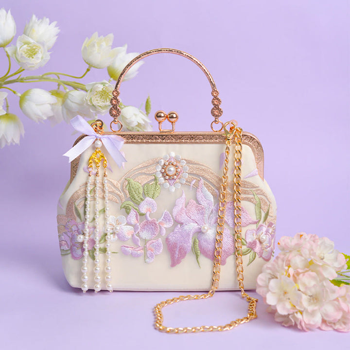 Bolso bandolera con cadena de metal y perlas y colgante de borlas bordadas con flores y piedras de Buddha Stones