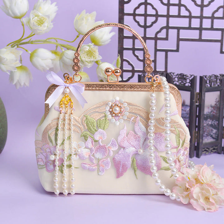 Bolso bandolera con cadena de metal y perlas y colgante de borlas bordadas con flores y piedras de Buddha Stones
