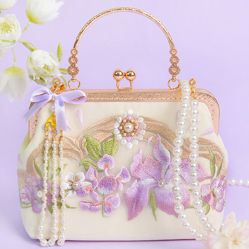 Bolso bandolera con cadena de metal y perlas y colgante de borlas bordadas con flores y piedras de Buddha Stones