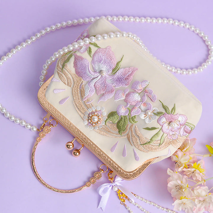 Bolso bandolera con cadena de metal y perlas y colgante de borlas bordadas con flores y piedras de Buddha Stones