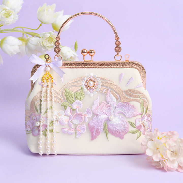 Bolso bandolera con cadena de metal y perlas y colgante de borlas bordadas con flores y piedras de Buddha Stones