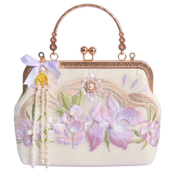 Bolso bandolera con cadena de metal y perlas y colgante de borlas bordadas con flores y piedras de Buddha Stones