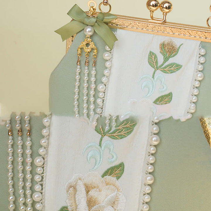 Bolso bandolera con cadena de metal y bordado de flores de doble cara con Buddha Stones y colgante de perlas