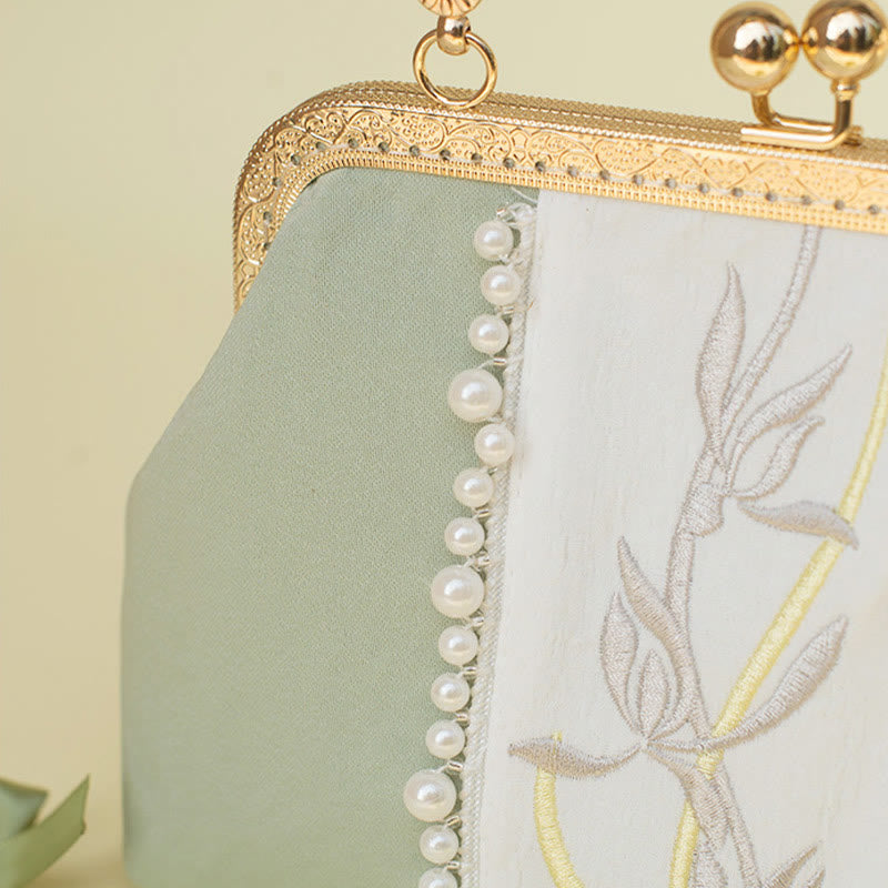 Bolso bandolera con cadena de metal y bordado de flores de doble cara con Buddha Stones y colgante de perlas