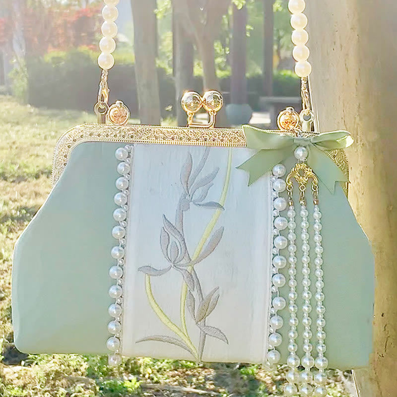 Bolso bandolera con cadena de metal y bordado de flores de doble cara con Buddha Stones y colgante de perlas