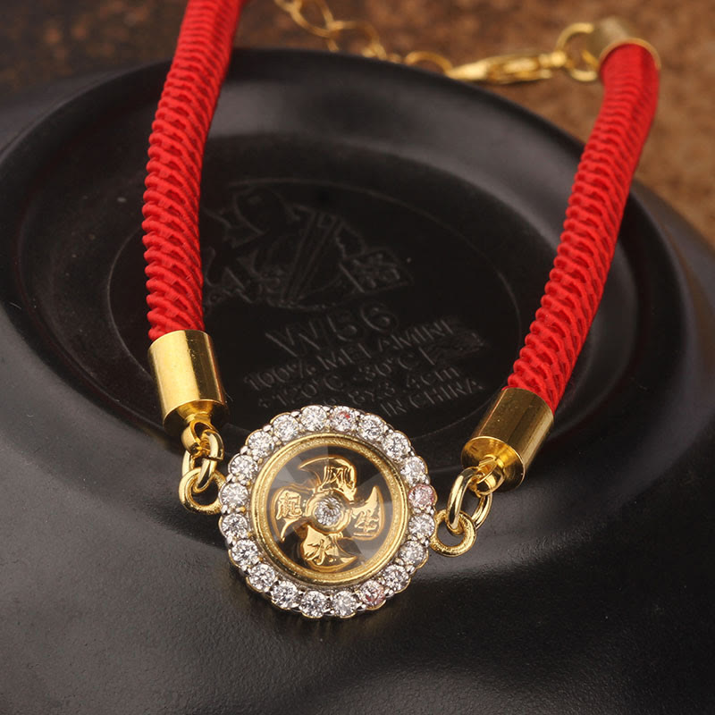 Pulsera trenzada con protección de Qi Feng Sheng Shui con molino de viento giratorio de cobre y latón con hilo rojo y Buddha Stones