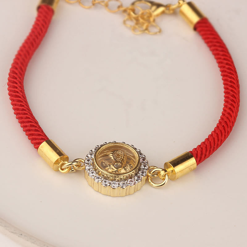 Pulsera trenzada con protección de Qi Feng Sheng Shui con molino de viento giratorio de cobre y latón con hilo rojo y Buddha Stones