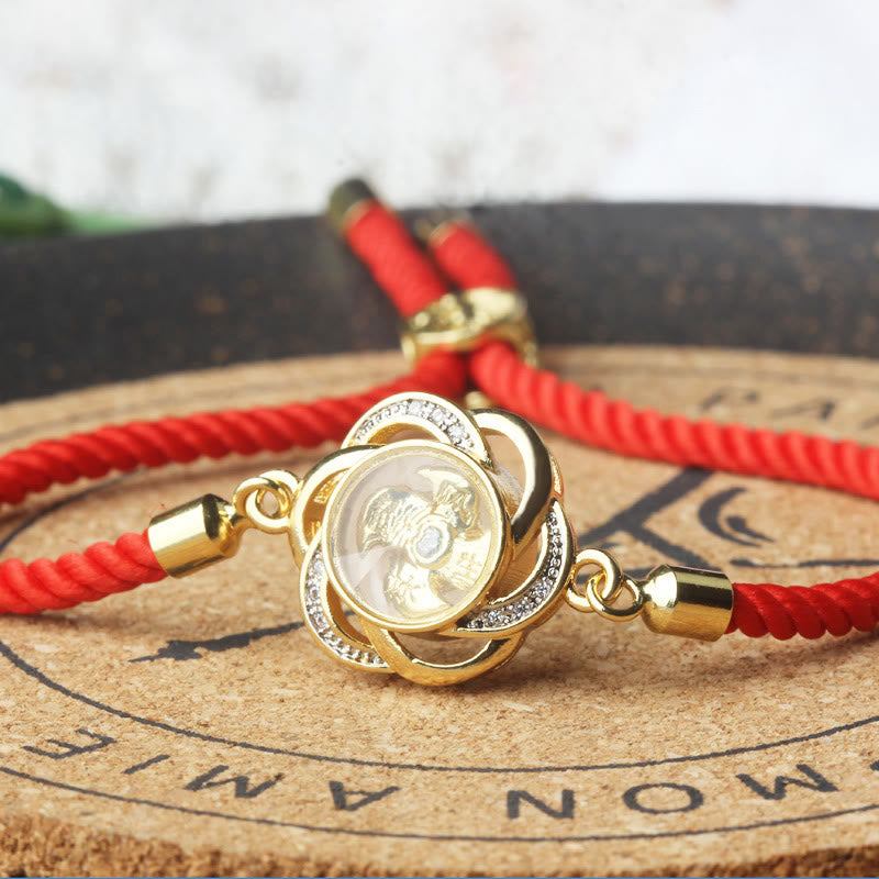 Pulsera trenzada con protección de Qi y Feng Sheng Shui con molino de viento de cobre y latón con hilo rojo ciruela giratorio y Buddha Stones