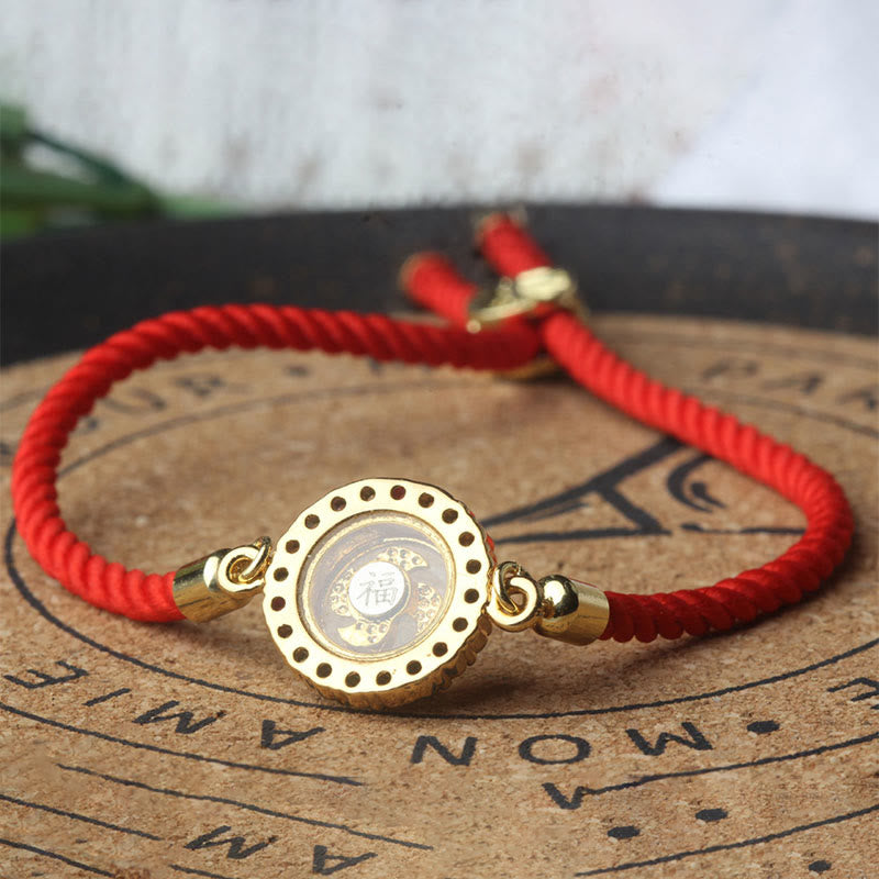 Pulsera trenzada con hilo rojo y Buddha Stones, color cobre y latón, molino de viento giratorio, Feng Sheng Shui, Qi Fu