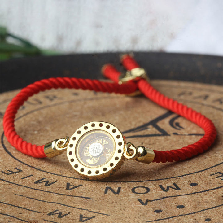 Pulsera trenzada con hilo rojo y Buddha Stones, color cobre y latón, molino de viento giratorio, Feng Sheng Shui, Qi Fu